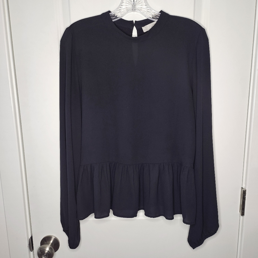 LOFT Semi Sheer Peplum Black Blouse Size Medium Long Sleeve Keyhole Back Classic - Picture 3 of 12